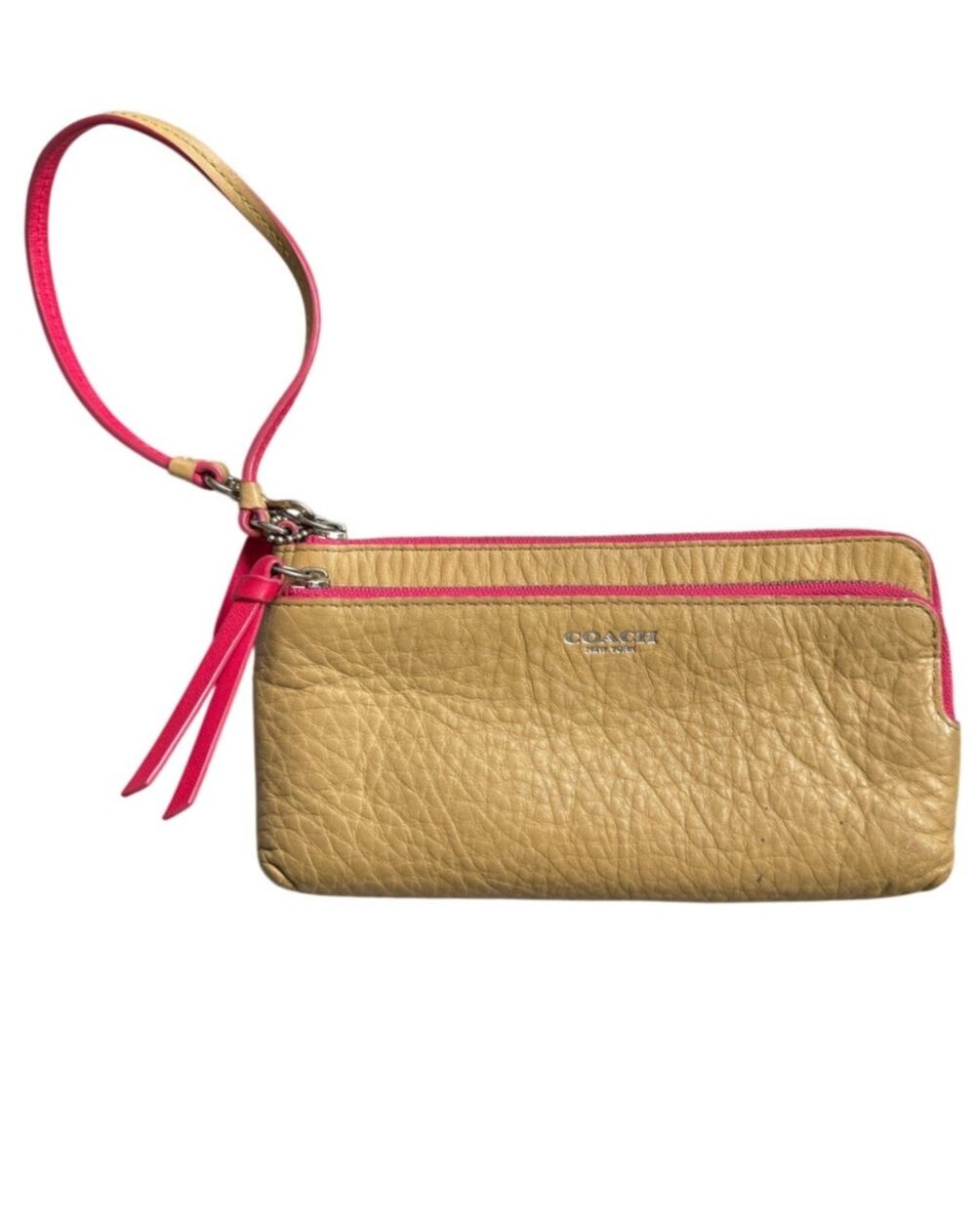 Coach Pebbled Leather Double Zip Wristlet Wallet Beige Pink Colorblock